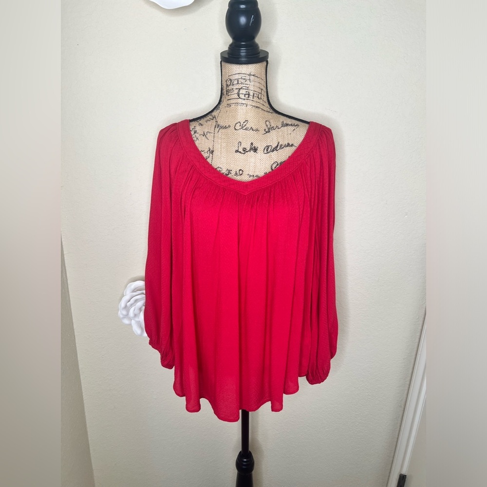 Maeve by Anthropologie Red Boho Flowy Tunic Blouse Long Sleeve V-Neck